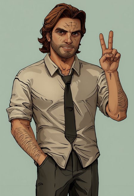 score_9, score_8_up, score_7_up, score_6_up, score_5_up, score_4_up, 1boy, <lora:BigbyWolf:0.85> solo, brown hair, facial hair, brown eyes, stubble, shirt, pants, black necktie, collared shirt, arm hair, standing, upper body, v sign, smile, 
(light blue background), simple background,