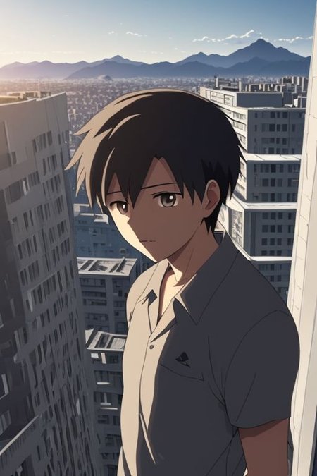 high resolution, solo, best quality, 1Boy, Takaki Toono, Brownish Hair, Brown Eyes, high-rise, top of building, landscape, shallow depth of field, OverallDetail