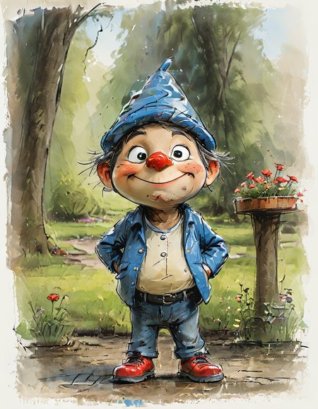 impactful color paint of cute drawing of a garden gnome standing in a front yard, 
highly detailed, sharp, professional, clear, high contrast, crystal clear, 4k, uhd, masterpiece