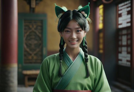 masterpiece, best quality, 8k, amazing quality, photorealistic, scinematic, Volumetric lighting, depth of field, wide angle, cinematic, realistic. 1girl, solo, <lora:Mao Mao:1> ma0ma0_default, green hair, long hair, blunt bangs, hair ornament, twintails, blue eyes, freckles, hair over shoulders, multi-tied hair, half updo, chinese clothes,green hanfu, wide sleeves, long sleeves, looking at viewer, smile, animal ears, cat ears, animal ear fluff, excited, open mouth,
