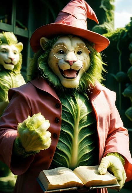 (An anthropomorphic white lion looks out at an audience, while reading aloud from a magical book, solo, 1man, 70yo, open mouth, happy smile, black and pink magician old dusty outfit made of cabbages, very small black round glasses, red hat:1.5). An opened impressive magic book, (book cover made of cabbages leafs, cabbage, cjdl:1.5), (leaking green fluo neon acid from inside to the outside, TOXNEO:1.2). (side view, 3/4:1.4), (focus on the book pages:2). Rays of light coming from inside the book.
 The atmosphere is magical and dreamy. 
(
In the foreground, we see a cabbage that transforms into a monster following a toxic liquid.:1.2)
Dusk, blue sky, orange rays of sun. dutch-angle, (foreshortening, perspective:2).