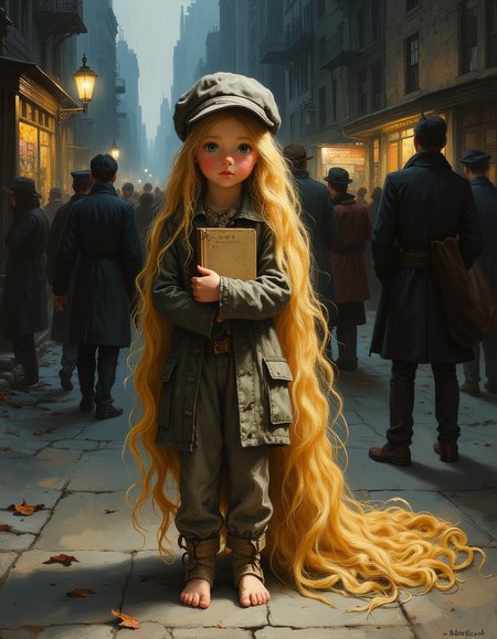 masterpiece, high quality, Oil Painting, Hyper-realistic, hyper-detailed painting of Rapunzel, a young girl with cascading golden locks, stands barefoot on a gritty, bustling street of 1930s New York City. Sheâs wearing tattered, oversized clothes, pants, and a threadbare coat, a gray Newsboy cap, clutching a worn-out book close to her chest. Her expressive eyes convey a mix of innocence and determination as she navigates the harsh reality of the Great Depression. The background features dilapidated buildings, makeshift shanties, and a crowd of people huddled around a soup kitchen. A dim light from a nearby streetlamp casts long shadows, creating an atmosphere of both despair and resilience. Despite the grime and poverty, Rapunzelâs hair glows with an ethereal light.
Rapunzel has 70 foot long glowing blond hair, white translucent skin, bright blue eyes, and a skinny petit body. Shadow and light, Masterpiece, intricate lines, intriguing atmosphere, sharp magnificent details, oil painting, delicate features, elaborate details, (2\3 rule composition:0.5), ultra detailed, romantic, Rembrandt lighting, brush stroke, lovely, del1cate_balance style, novuschroma, in the style of Rembrandt. vantablack <lora:style_of_Rembrandt_FLUX_135:.8> <lora:- Flux1 - vanta_black_V2.0:.3> <lora:Delicate_Balance:.3> <lora:neeeg_f1:-1> <lora:113_novuschromaFLX_1:.2> <lora:zavy-disney-rapunzel-fxl:.3>