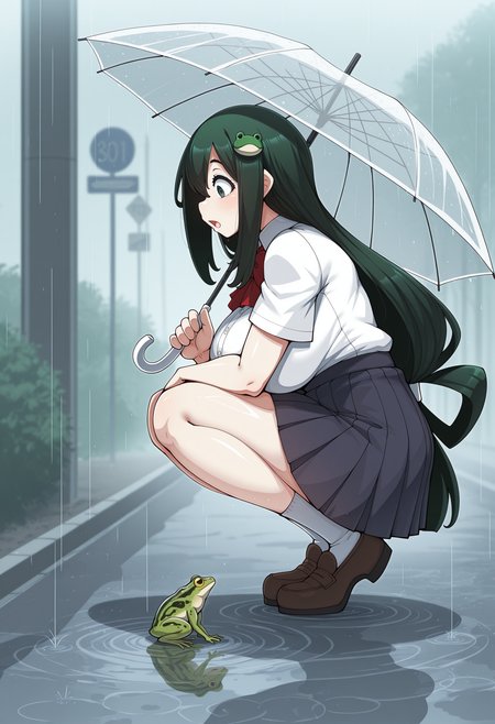 <lora:konoshige:1> , konoshige style,masterpiece, highres, absurdres,amazing quality, best quality, detailed background, 8k, 1girl, tsuyu, asui,breasts,squatting, wide shot,frog,frog hair ornament,green hair,hair ornament,holding,holding umbrella,long hair,open mouth,outdoors,pleated skirt,puddle,rain,road sign,school uniform,shirt,short sleeves,sign,skirt,snake hair ornament,socks,solo,transparent,transparent umbrella,umbrella,very long hair,white shirt,white socks