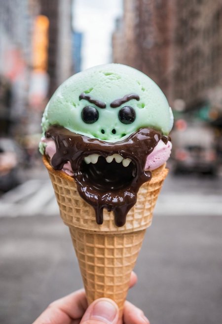 Melting ice cream with angry extraterrestrial inside it, in New York City. Close up, blurry background.