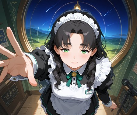 PonyScores7, source_anime, ah1, IllustriousQual, <lora:natsumi_style:0.5>, <lora:by_usakun-pony:0.4> by usakun, <lora:Akina_Bbw_Style_-_PonyXL:0.2> AkinBw
BREAK 1girl, mature female, (round face:1.2), (thick eyebrows:1.3), (curvy), round-chin, caucasian, (plump face), <lora:Round_face:0.2>, <lora:ETO_OCPonyXL:0.5> eto_oc, skindentation, (plump), thick thighs, wide hips, busty, voluptuous, lips, <lora:venus body PonyXL:0.4>, <lora:shinyskin2:0.2> glistening skin
BREAK  (((curly hair), long hair, (black hair:1.4), (parted hair:1.7), messy hair, kinky curls, <lora:hairdetailpxl:0.2> hairdetailpxl))
BREAK ((brown and green eyes), (brown_flecked_irises), (green_flecked_irises), (colorful eyes), (multicolored eyes), (downturned eyes:1.4), <lora:expressive eyes:0.5> expressive eyes, <lora:eyedetailpxl:0.2> eyedetailpxl, <lora:Eyes_High_Definition:0.3> EyesHD)
BREAK ((chin tilted up slightly, eyes wide open, slight smile,  <lora:Expressive_H:0.2> Expressiveh, <lora:Emotional_Anime_Expressions_PonyXL_Concept:0.2> emotional, <lora:Best_Facial_Expression_LoRA_PONY:0.2>, <lora:expresionesv3Rank128:0.2> expresiones, <lora:Detailed expressive EXEV style -XL Pony V1.0:0.2> FaceDetail))
BREAK ((one arm reaching forward, body bent at the waist, legs together, focused and intent body language))
BREAK redhead Military-inspired coat with gold buttons and epaulettes
BREAK (((A celestial-themed maid cafe, located within an observatory with telescopes, star maps, and cosmic decorations adorning the walls, Guests dine under a simulated night sky filled with twinkling stars and constellations, while waitresses dressed as celestial beings serve cosmic-inspired cuisine)))
BREAK <lora:xl_more_art-full_v1:0.2>, <lora:aesthetic_anime_v1s:0.2>, <lora:EpicF4nta5yXL:0.2>, <lora:detailxl:0.2> detailxl, <lora:Fant5yP0ny:0.2>, best quality, amazing quality, best aesthetic, absurdres, illustration, Volumetric_Lighting, ultra-detailed, very aesthetic, intricate details, 8k, masterpiece, best_quality
BREAK (zoom_out:1.8), (High Angle (from the side) view Close shot, focus on head)
BREAK Stable_Yogis_PDXL_Positives, AS-Adult, <lora:Complicated fantasy portrait - XL Pony V2.0:0.3>, bad-hands-5, <lora:HDA_Detailer:0.5>, HDA_FatGirlXL,