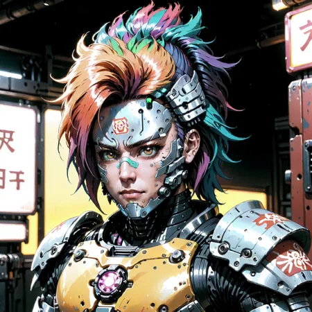 Analog style, vhs style, 8mm film, chromatic aberration, Dvd screengrab, from liveaction low budget 80s cyberpunk movie,  a close up cinematic shot of a (cyborg samurai) wearing high tech mechanical armor, bushido, Multi-Layered Textures, <lora:OMG-Is-DucHaiten_v1.0:0.51>