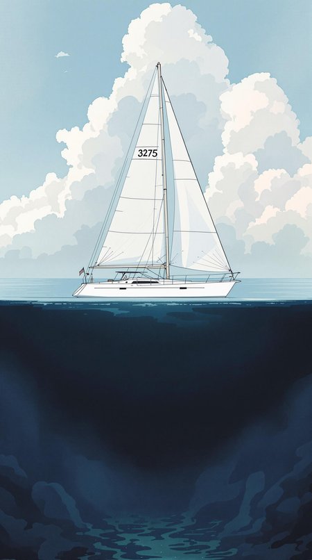 A majestic sailboat design with proper keel is seen in profile from the side. The design artwork is divided in two by the waterline.  Above the water we see the elegant minimalist modern sailboat with design cues that evoke an early 20th century revival design language. The elegant sails are simple with the number 3275 in small black lettering. Cumulous clouds rise into the stratosphere far above the sails from the hazy blue sky at water level.  Below the water we see a proper hull and keel design descend into the water. The water becomes darker blue towards the bottom of the image arriving at the hazy seabed.  Far below, the rocky bottom seems to feature faint seaweed swirling in the depths, rooted to sandy crevices at the murky bottom, but obscure and dark well below the sailboat.  Overall the sailboat is the main focus, bright and elegant, and of expert nautical design. The details are subtle and not immediately visible without looking closely.  This award winning nautical design artwork is an inspiring minimalist watercolor and ink illustration.  -messy, -kitsch, -cartoon