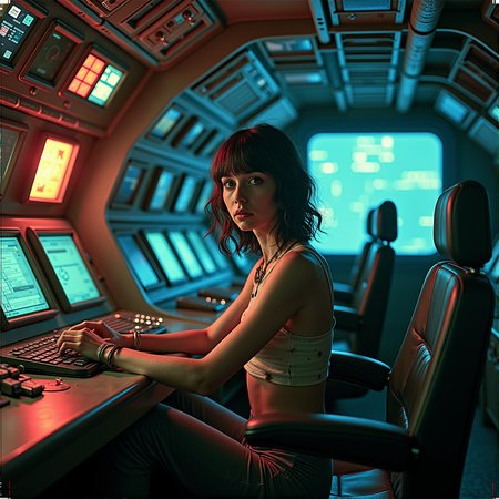 worn-down computer control panels surrounding an adult woman in dirty clothes sitting in a starship, creating a hyperpunk scene with desaturated dark red and blue details, colorful (polaroid:0.7) with vibrant colors, (vacations, high resolution:1.3), (small, selective focus, european film:1.2), (sexual advance:1.1), closeup, 