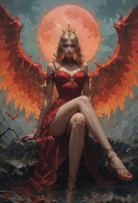 ASCII(score_9, score_8_up:1.1), score_7_up,   1girl, petite, blonde hair, long hair, phoenix wings, glossy red skirt, glossy red top, void forest, sitting on rock, crossed legs, red water, magical, golden tiara, blood moon, void, fire  <lora:Concept Art Eclipse Style LoRA_Pony XL v6:0.8>  <lora:d4rk01lXLP:0.7> d4rk01l