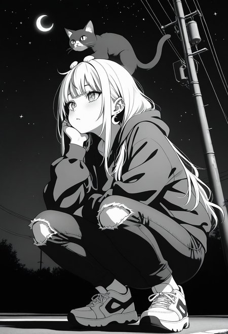 masterpiece, best quality, amazing quality, LDSCH, aesthetic, 1girl, crescent_moon, cat, virtual_youtuber, animal_on_head, on_head, long_hair, moon, sneakers, sky, shoes, power_lines, solo, cat_on_head, squatting, pants, bangs, hood, jewelry, night, earrings, outdoors, utility_pole, torn_pants, torn_clothes, star_\(sky\), ear_piercing, piercing, hoodie, head_rest, animal, black_cat, hair_behind_ear, jacket, monochrome, starry_sky, night_sky, torn_jeans, sitting