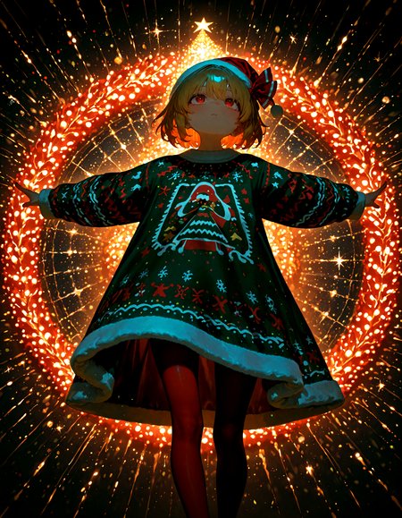 Christmas, dress, red pantyhose ,santa_hat ,Christmas sweater,
1girl, solo,   rumia, dark lighting .outstretched_arms,
masterpiece, best quality, amazing quality, very aesthetic, absurdres,  newest, (volumetric lighting),
<lora:world_christmassweater:0.5>,<lora:cfg_scale_boost:0.5>, <lora:ponyv5_noobE11_1_adamW:0.5>, <lora:illustrious_noobai_epsilon_pred_1_best_quality_v1:0.5> ,<lora:illustrious_noobai_epsilon_pred_1_masterpieces_v1:0.5> ,<lora:illustrious_noobai_epsilon_pred_11_very_aesthetic_v1:0.5>