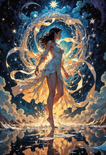 (in Otomo Katsuhiro style:1.2), masterpiece, high-quality, A celestial dancer whose body is wrapped in silk ribbons of starlight, each ribbon fluttering as if caught in an ethereal breeze, Her every movement sends waves of light rippling through a sea of glowing constellations, her bare feet skimming over a mirrored floor reflecting endless galaxies, celestial flow, astral harmony, mirrored infinity, (Stylized surreal-fantasy with intricate glowing textures:1.1), big natural breasts, (elaborate fine details:1.1), (hyperdetailed:1.1), (intricate details:1.0), (Refined details:1.1), (best quality:1.1), (high resolution:1.2), <lora:FLUX\Anime v1.3:0.6> <lora:FLUX\VividlyReal:0.6> <lora:FLUX\FLUX-daubrez-DB4RZ:0.4>