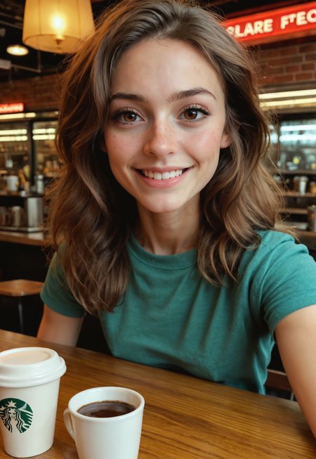 safe_pos, score_9, score_8_up, score_7_up, 1 girl, 25, petite, looking at viewer, in a coffee shop, seated, elbows on table, ((tiny breasts)), brown hair, skinny body, ((heart shaped face, narrow face, narrow nose, small nose, high cheek bones, symmetrical face)), slender body, sexy, horny look, button down shirt, no bra, green pleated miniskirt, cinematic shot, dynamic lighting, 75mm, Technicolor, Panavision, cinemascope, sharp focus, fine details, 8k, HDR, realism, realistic, film still, cinematic color grading, depth of field, beautiful, extremely detailed background, ((face focus, detailed skin)), zPDXL3, real life photo, Photo Real, ((detailed skin))