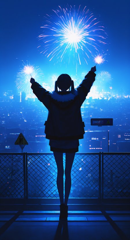 masterpiece, best quality, good quality, very aesthetic, absurdres, newest, 1girl, backlighting, balancing, blue background, chain-link fence, chromatic aberration, fireworks, city lights, cityscape, fence, film grain, from behind, full body, fur-trimmed jacket, fur trim, holding, holding fireworks, jacket, long hair, night, outstretched arms, sign, solo, twintails, warning sign <lora:ponyv5_noobV065S_1_adamW-000013:0.7> <lora:USNR_STYLE_XL_lokr:0.45> <lora:748cmSDXL:0.4>