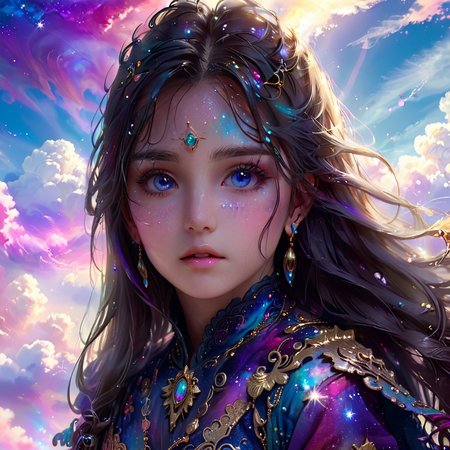 masterpiece,high resolution,8k,
 <lora:celestial_warriorXL:0.8>,celestialwarrior, overalldetail,facedetail,eye detail,
 1girl, solo, long hair,see-trought clothes, cloud, jewelry,colorful powder,shadow detail,natural light