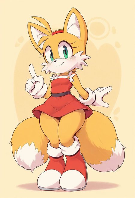 score_9, score_8_up, score_7_up, score_6_up, score_5_up,  absurdres, highres, high detail, 8k, 4k, 
1boy, MylesPrower, Miles Prower, furry anthro, furry, gold fur, fox, toon, detailed background, detailed face, detailed fur, (two tails), white and red boots, white gloves, wide hips, short red dress, red hairband, amy rose outfit, 
<lora:Miles_Tails_Prower_Sonic_Character_PonyXL:.8>,