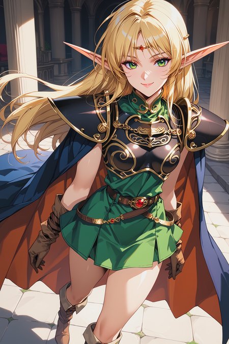 score_9, score_8,  score_7, score_6_up, score_5_up, from above,
deedlit, circlet, shoulder armor, breastplate, green tunic, gold choker, arm_wraps, belt, brown footwear, boots, ruby circlet, gold line filigree decoration, short tunic, short skirt,
1girl, long hair, blonde, elf, dark blue breastplate, dark blue shoulder armor, sleeveless, leather gloves, Cloak, green shirt, brown gloves, two-tone cape, long boots,long cape,
beautiful face, 24 years old,
smile, green eyes,
bangs,
record of lodoss war,
cowboy shot,
gothic architecture, indoors, 
<lora:Degen_Deedlit_v1:0.55>,  <lora:TOO_NobuteruYuuki_v3B_PonyXL:0.55>,  <lora:PirotessXLpony001:0.4>,  <lora:Urushihara Satoshi_XL_PONY_V2:0.4>,  <lora:Sinozick_Style_XL_Pony:0.2>,  <lora:DefaultZ17:0.2>,  <lora:style1:0.2>,   <lora:pixivtext2:0.2>,  <lora:flyx3_XL_PONY:0.2>