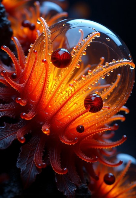 Burned colors glowing with orange heat.  Bands of white light dash across the canvas. High saturation and contrast. sharp lines come into focus. Droplets of rain accumulate on leaves. Leaves appear as shattered glass. Electric snails crawl on the surface of a mysterious plant. The plant is made of glass. A mysterious ecosystem made of crystalline glass.