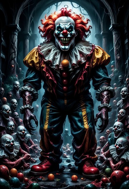 score_9, score_8_up, score_7_up, score_6_up, score_5_up, very aesthetic, fleshmutant, biopunk, full body, standing, grotesque, fleshy, horror clown in old-fashioned clown costume, evil clown, scary clown makeup, pointed triangle teeth, creepy oversized smile, fat, inflated, Latex skin, grimdark lighting