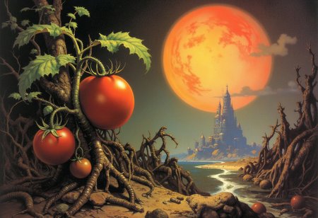 Frank Frazetta sci-fi oil  painting of just a mutate tomato plant in the apocalypse,  a classic gothic baroque fantasy art painting with vibrant colors, digital artwork, illustrative, matte painting, highly detailed, highly dramatic lighting