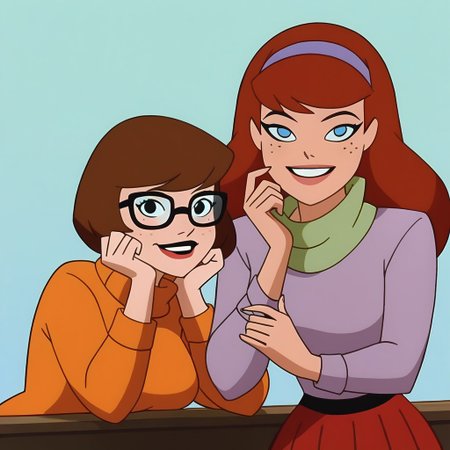 2 woman , Daphne Blake,  Velma Dinkley, Score_9, Score_8_up, Score_7_up, surce_6_up, <lora:BatSup_Anim_90s_PDXL:0.8> batsup90xl, flat color, 90s, 1 girl, Daphne blake, wide hips, red hair, long hair, purple headband, blue eyes, smile, looking at viewer, purple minidress, green scarf, big breasts, pantyhose roses, upper body, REST , 1 girl, Velma Dinkley, wide hips, short hair, brown hair, bob haircut, brown pajamas, freckles, sweater-rimmed glasses, smile, turtleneck, orange sweater, big breasts, red skirt, pleated skirt, part upper body,