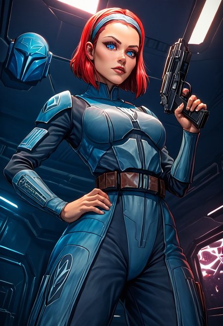 1girl,bo-katan kryze, blue mandalorian armor,  red hair,, hairband, blue eyes, from below, slutty tattoo, athletic body, (holding one blaster pistol), (one hand on hip), heroic stance, action shot, in space station, neon lights, (spaceship battle,) (explosions), intricate details, dynamic lighting, (beautiful face), (steam rising),