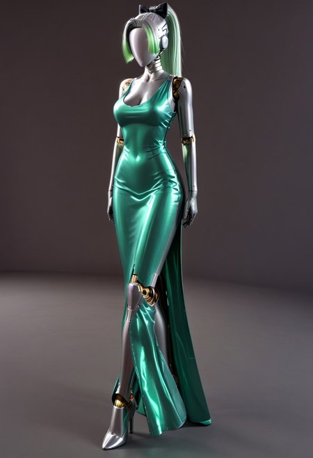 A full length 35mm photo of a beautiful 30-year-old woman, robotic, smooth metal skin, she is made of smooth matte silver metal, standing in a Scandinavian house, her torso has a serial number on it, metallic red hair in a ponytail, black bow in her hair, electronic green eyes with mechanical iris, her feet are made to look like silver metal high heel shoes, she is standing still, she is wearing a vibrant green evening gown, she is holding a green satin clutch, standing in a minimalist Scandinavian house
Robot girl, Android, mechanical limbs, robot joints, metal skin,  no mouth, armor, no face, faceless, egghead