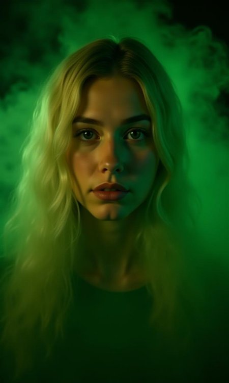 photograph of a young woman with long blonde hair. she is partially enveloped in green smoke from the background. magnificent, air elemental, translucent, ethereal, coalescing from wisps of green smoke, close up portrait, black background, photographed with 50mm lens, with a neon city backdrop out of focus. max details, photo, sharp focus. ,golden hour,