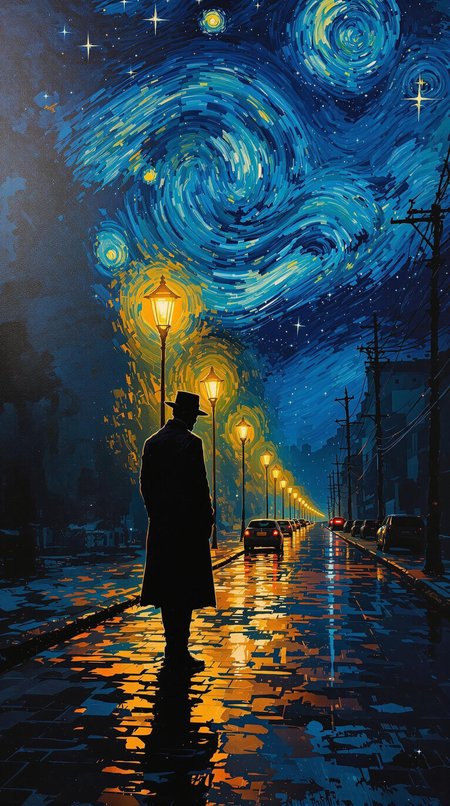 an oil painting of a male murderer silhouette on the street, style of van gogh, starry night vibes, expressionism, gloomy, dark tones, unforgettable, emotional depth. (vibrant masterpiece, (8k1.5), UHD, very detailed, high-quality, best artist, sharp edges, detailed textures, full view, atmospheric lighting, stunning visuals)