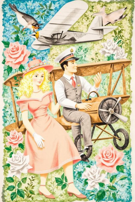 leowe1 illustration.
A romantic scene of a couple on a vintage biplane. The woman, in the foreground, is a stylish woman with curly blonde hair adorned with a flower garland and wearing a light, flowing, peach-colored dress with a wide belt, a matching hat, and gloves. The man is piloting the biplane with his hands firmly on the steering wheel. <lora:gwonder1_cap_d6a3e15:1.0><lora:826577408565060197:0>