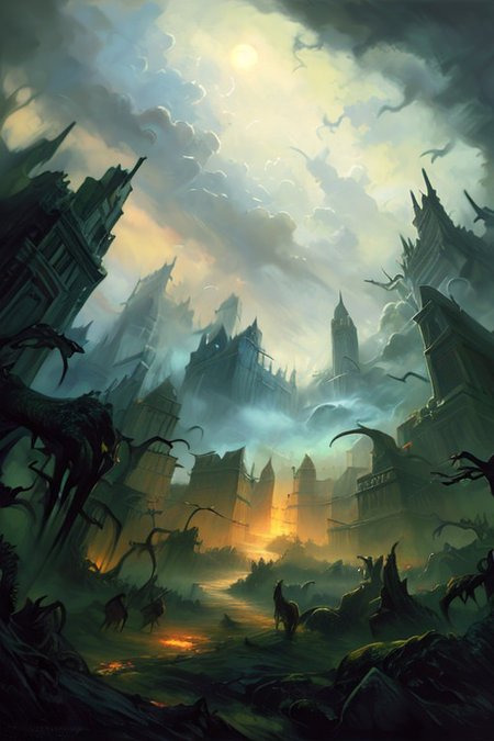 hyperrealism oil painting, ghost of the castle,
thunderstorm, and many small clouds, and slightly cloudy, fantasy forest,
an expansive ancient forest, featuring towering oaks, diverse wildlife, a variety of flora,FanRu,guiguai,
{dawn|dusk|night},