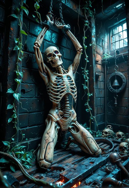 SmoothNoob_Quality, horror \(theme\), a  prison cell in a dark dungeon, underground, torture instruments, chains, skeleton, post-apocalypse, abandoned, vines, dynamic angle, no humans,head tilt, open mouth, dead, static, bound wrists, against wall, arms up,
<lora:Smooth_Booster:0.5> <lora:Kyu_Yong_Eom_Style_-_Illustrious:0.5>