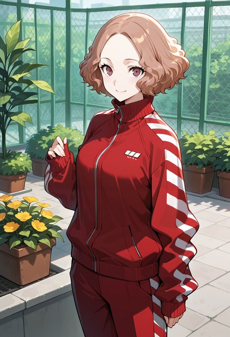 (masterwork, masterpiece, best quality, hyper-detailed),
1 girl, solo, 
p5haru, brown hair, short hair, wavy hair,
p5haru-track, track suit, red jacket, red pants, stripes, striped sleeves, sleeves past wrists, long sleeves, zipper, striped pants, white footwear, sneakers, 
outdoors, rooftop garden, planter boxes, flower pots, greenery, houseplants, looking at viewer, smile, cowboy shot,