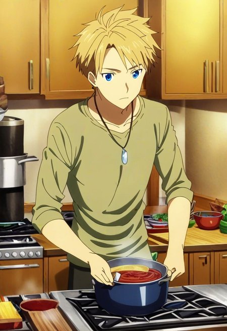 high resolution, professional photography, solo, best quality, 1Boy, Yamato Ishida, Blond Hair, Deep Blue Eyes, Necklace, cooking, kitchen, OverallDetail