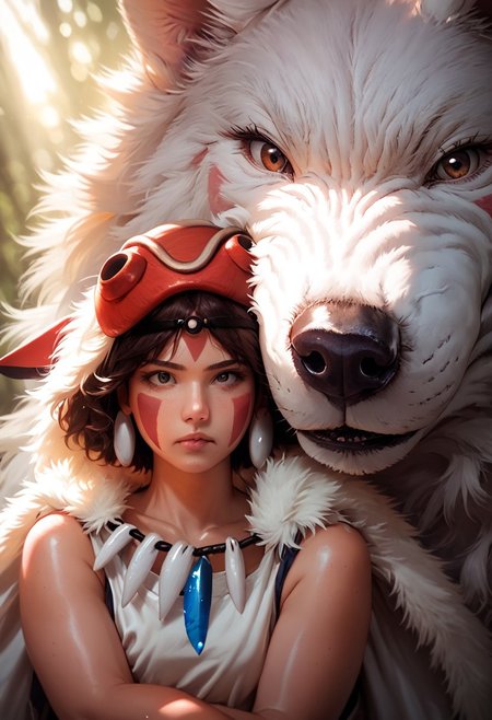 score_9, score_8_up, score_7_up,  1girl, San(/Princess Mononoke)/,(ultra HD quality details), pale skin, brown hair, facepaint, brown eyes, short hair, mask on head,
shiny skin, eye contact, fur cape, crystal necklace, sleeveless_shirt,
tilted angle, moody lighting, p3tl0v3, white wolf, hugging white wolf, dim lighting, medieval fantasy, perfect quality, high quality, photorealistic, sitting BREAK orange and blue hue, (abstract:0.2), expressiveH