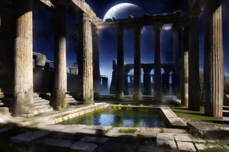 highly insanely detailed, masterpiece, top quality, best quality, highres, 4k, 8k, RAW photo, (very aesthetic, beautiful and aesthetic),  
Ancient Roman Interior Design,RomInt,functional_design,open_air_light, 
<lora:RomanInterior-10:1>, 
(1girl:1.3), 
1other, 
, 
very long hair,mid fade hair, 
, 
night,cold full moon,crescent moon,crescent,shattered_moon,half_moon,Village,Valley,royal_tombs,massive_dam_structure,ancient_temple_complex,Neolithic_architecture,waterfront_location,hypostyle_hall, 
,âââ