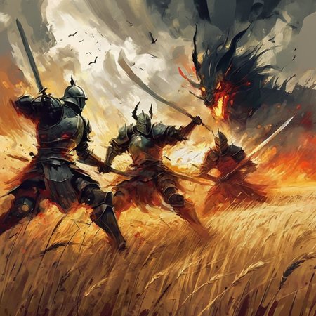 artmix06 warriors knights fighting with swords on the battlefield, in the wheat field in the background a burning castle and a dragon flying in the sky, very expressive, detailed, dark,  cinematic, very detailed<lora:artmix06:1>