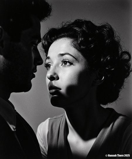 A captivating woman, her face expressing profound yearning, illuminated by a dramatic, hard, directional key light from top-left. This creates deep chiaroscuro and a delicate rim light on her dark, curly hair, reminiscent of Yousuf Karsh and classic film noir. A male figure's soft-focused silhouette intimately frames the left. Shot on a vintage Hasselblad 500CM with a Planar 80mm f/2.8 lens, wide open at f/2.8, from a low, upward perspective, yielding shallow depth of field with creamy bokeh. Composition uses strong diagonal lines and negative space, intensely focusing on her expressive eye. Post-processed with rich, high-contrast black and white, subtle cinematic grain, and a soft vignette for a timeless, realistic portrait.<lora:_Flux\_Film-Retro\Film_Noir.safetensors:0.8000000000000002:0.8000000000000002>