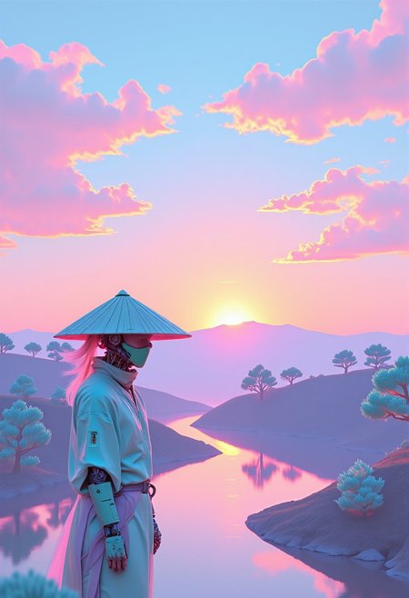 ajpasbot. A ninja wearing a rice farmer’s hat and traditional feudal Japanese attire stands before a breathtaking landscape. The rolling hills are dotted with clusters of ancient pine trees, their branches swaying in a gentle breeze. . The clouds above are thick and fluffy, swirling in shades of lavender, pale pink, and mint green, with streaks of soft yellow as the sun sets behind the distant mountains. The horizon glows with a faint orange hue, blending seamlessly into the vibrant sky.
His rice farmer’s hat, large and wide-brimmed, casts a mysterious shadow over his half-human, half-machine visage. The mechanical parts of his body gleam with fine, futuristic detailing, seamlessly integrated into his body, with neon blue and pink light subtly tracing the outlines of his limbs and torso. 
The entire scene is drenched in pastel neon colors, like a pop art dreamscape. The soft, glowing pastel hues of lavender, mint, and pale coral dominate the atmosphere, with each element of the landscape reflecting and refracting these glowing colors. The sky is an ethereal wash of soft pinks and purples, while the river mirrors the surreal colors above, casting shimmering reflections of the neon glow. The ninja himself is bathed in these same pastel neon tones, making him appear both grounded in the traditional world and yet undeniably futuristic in his mechanical form.