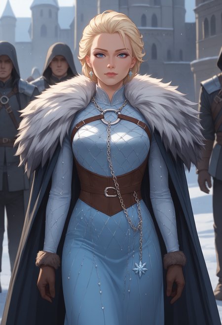 score_9, score_8_up, score_7_up, score_6_up, adult woman, elsa, L4DY ,NECKLACE CHAIN LEASH DRESS, CINCHER, HARNESS ARMOR, CLOAK, FUR TRIM ,GLOVES <lora:LOW-60-PDXL:0.9>