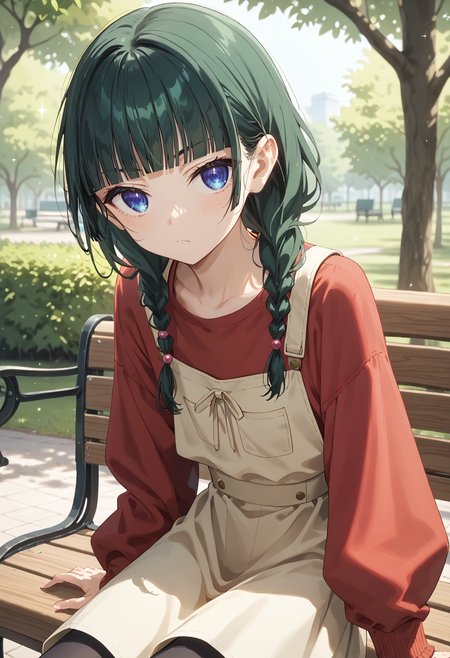 (zPDXL3), score_9, score_8_up, score_7_up,
maomao, 1girl, solo, petite, close up, glamor shot, wistful, looking at viewer, sitting, low braids,
park, bench, tree,
<lora:salopette_pony_V1.0:1> salopette, overall skirt, red top, long sleeves
blue eyes, dark green hair, hair beads, blunt bangs,
<lora:maomao_ponyxl_v1:0.2:1>,<lora:Body Type_alpha1.0_rank4_noxattn_last:1>