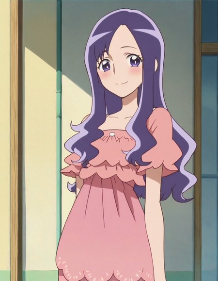 score_9, score_8_up, score_7_up, anime screencap, solo,1girl,  long hair,  purple hair,purple eyes,  dress, looking at viewer, cowboy shot, smile ,blush<lora:kurumimomoka:0.8>