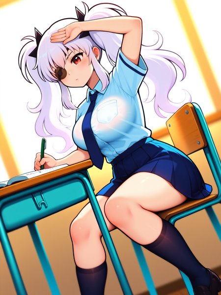masterpiece, best quality, amazing quality, by asukaln
(solo:1.4), Yagyu_IL, red eye, eyepatch, white hair, long hair, twintails, shuriken hair clips, black hair clips, large breasts, Yagyu_School, school uniform, blue necktie, white buttoned shirt, pleated skirt, dark blue kneehighs, black loafers
sitting at school desk, studying at school, raising hand, hand above head, dutch angle, back lighting, blurred background, bright, bright colors of paint, focus on face, lots of soft light, soft colors
<lora:Mystyle_SDXL_LoCon_DORA_v2:1>
<lora:SK_Yagyu_IL:0.8>