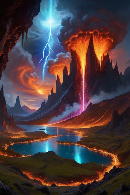 volcanic plains glowing with primordial fire illuminated by supernova remnant nebulae, geological time scales materializing through lava flow fossilization under skies where electromagnetic storms dance in ionized veils, primordial lake ruins where waterfall curtains conceal cave fresco galleries, the waters teeming with liquid-mercury swan flocks, cinematic view, epic sky, detailed, concept art, low angle, high detail, warm lighting, volumetric, godrays, vivid, beautiful, trending on artstation, by jordan grimmer, huge scene, grass, art greg rutkowski,
 <lora:detailed_notrigger:0.7>, <lora:add-detail-xl:0.3>, oil painting art style from Renaissance period, masterful composition, Renaissance mood, renaissance oil painting, brush strokes, Baroque art style, dynamic composition, dramatic lighting, rich colors, intricate details, professional-grade execution, captures the grandeur and theatricality of the Baroque period