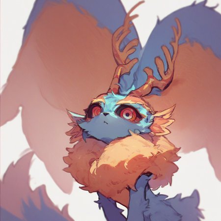 score_9, score_8_up, score_7_up, score_6_up, Fecto Elfilis, blue fur, multicolored eyes, head wings, antlers, yellow fur, colored sclera, fluffy tail