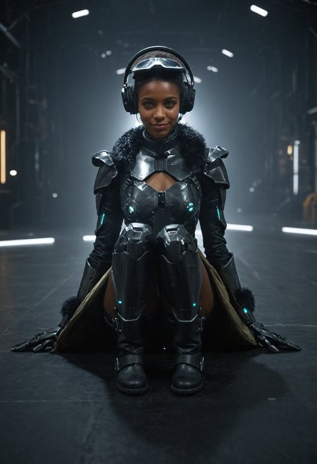youngwoman, <lora:kwFemaleBeta63_FLUX_v1:1>, 
hangar, factory, neon, size difference, spotlight, dark theme, portrait, close-up, in palm, mecha, humanoid, armor, science-fiction, portrait, glowing eyes, knight, facing viewer, visor, front view, foreshortening, hand up, face focus, gauntlets, solo, minigirl, sitting, bodysuit, chest harness, overskirt, full body, brown skin, short hair, single earring, dark-skinned female, looking at viewer, pants, knee boots, smirk, gloves, brown jacket, fur-trimmed jacket, headphones, hand between legs, smirk, black hair, <lora:Dark_Futuristic_Circuit_Boards:1>, dark futuristic