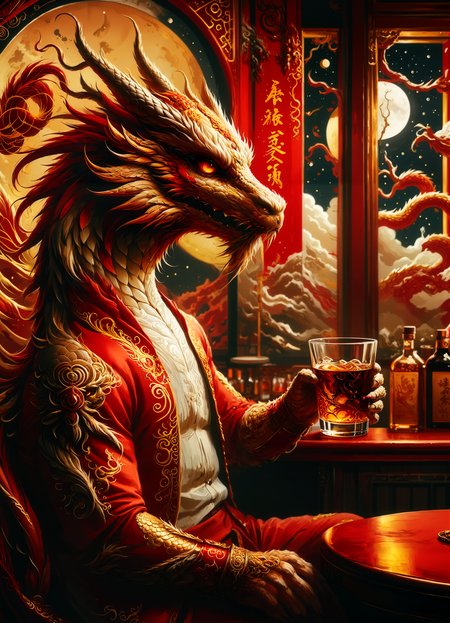 Chinese lunar dragon, drinking whiskey in night bar,  dragon in red and gold color scheme, digital painting style, color contrast, wide-angle shot, juxtaposition of fantasy and reality, moonlight,  visually appealing, balanced composition, elegant, contemporary, rich color palette, Chinese aesthetic, dramatic lighting, high resolution  <lora:SDXL\sd_xl_dpo_lora_v1:1.0>,  <lora:SDXL\MJ52:0.5>, <lora:SDXL\RMSDXL_Creative:0.25>, <lora:SDXL\xl_more_art-full_v1:0.95>,