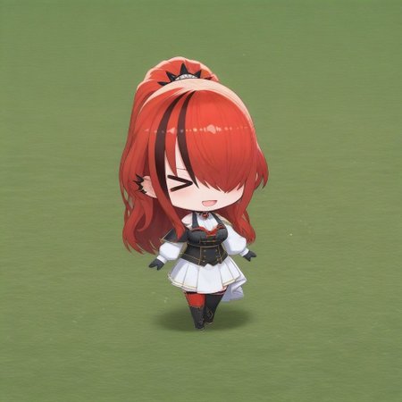 best quality,masterpiece,chibi,chibi only,
1girl,niji-lain,large breasts,grey eye,red hair,black hair,streaked hair,hair over one eye,ear piercing,long hair,ponytail,niji-laincos2,white shirt,black vest,crop rop vest,black corset,white sleeves,long sleeves,puffy sleeves,single bare shoulder,single capelet,aiguillette,brooch,jewelry,black gloves,white skirt,asymmetrical skirt,one side long skirt,asymmetrical legwear,mismatched legwear,red thighhigh,black thighhigh,
smile,>_<,open mouth,
grass,