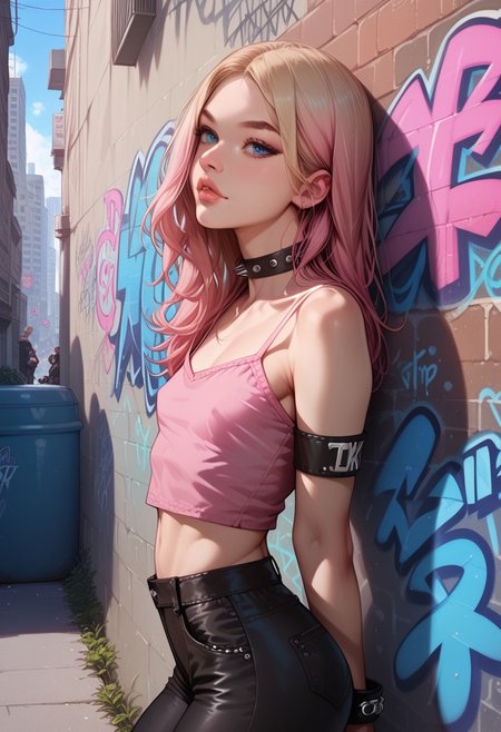 score_9, score_8_up, score_7_up, score_6_up, Keith, KeithRH, realistic, nordic girl, very pale skin, long blonde hair, gradient pink hair, parted bangs, blue eyes, slim, small breasts, almost flat chest, perfect ass, wearing pink cropped camisole, black leather pants, spiky armbands, chocker, goth attire, nipple peek, urban scenario, outdoor, wall, graffiti, arched back, face closeup, downblouse, bare arms, detailed eyes
