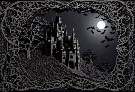 3d papercut shadow box of This Simple Monster Movie Motif Lace is a breathtakingly magnificent sheer textile that possesses an unparalleled power to sensually captivate and mesmerize individuals As its intricate woven threads gracefully sway and twist they resemble ethereal ghostly apparitions that conjure an unmistakable sense of bone chilling horror and foreboding One can almost feel as though the lace is whispering tantalizingly sinister secrets  of werewolves, bats and other creatures of the night that beckon individuals to embark on a journey into the deepest darkness where dark romantic delights await beyond the comprehension of mere mortals Imbued within this textile masterpiece is the essence of a werewolf s haunting howl the ominous silhouette of a decrepit mysterious castle enveloped in moonlit shadows and the frenzied flight of nocturnal bats their elegant wings flapping against the backdrop of an enchanting and macabre landscape the motif on the lace is a spellbindingly repeatable pattern not only tantalizes the senses but also ensnares and captivates all who dare to behold its haunting beauty